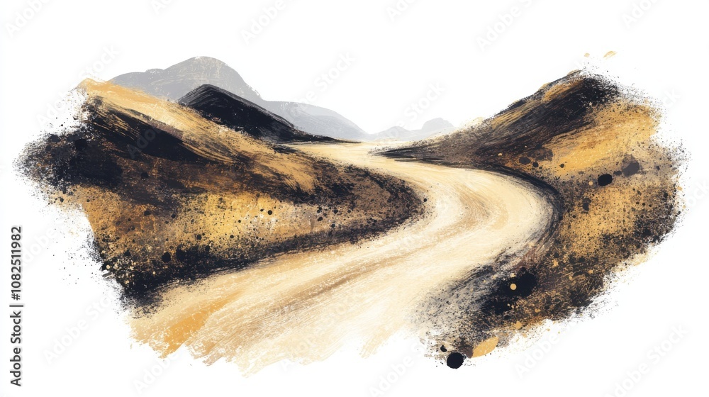 Abstract winding road through barren hills and mountains on white background. Abstract winding road through barren hills and mountains on white background.