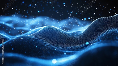 Digital technology wave background: abstract motion of glowing dots texture with vibrant defocused particles, futuristic cyber-inspired design for innovation and tech concepts.