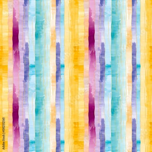 Abstract bright colorful mosaic seamless pattern with vertical stripes in blue or teal, yellow, pink or purple colors and gold lines. Watercolor abstract art.