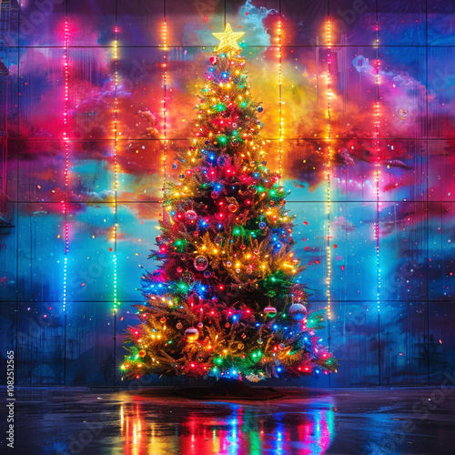 multicolor neon Christmas tree in the interior	