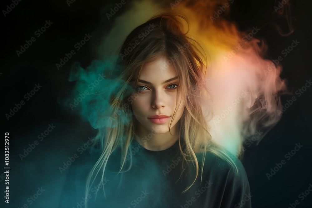 close-up portrait of a beautiful young woman with long hair and beautiful eyes surrounded with a colorful light rays and smoke around her, seductively looking at the camera. close-up portrait of a beautiful young woman with long hair and beautiful eyes surrounded with a colorful light rays and smoke around her, seductively looking at the camera.