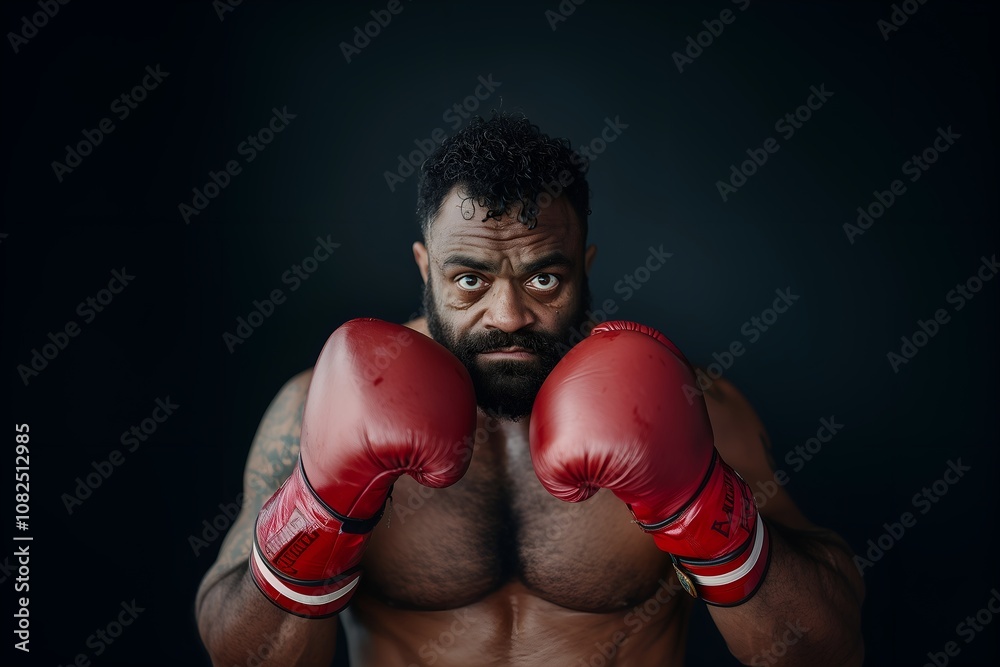 Portrait of an afro-american boxer with beard holding up his red boxing gloves to the face and looking straight in to the camera Portrait of an afro-american boxer with beard holding up his red boxing gloves to the face and looking straight in to the camera