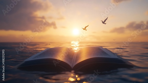 Discover the serenity of an open book floating on the calm ocean at sunset while birds soar in the sky photo