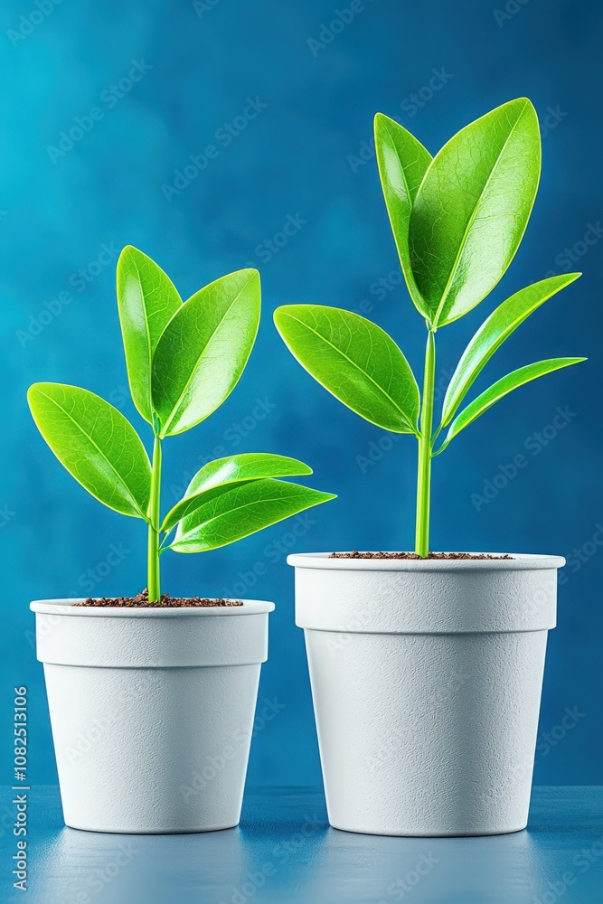 Two Plants Growing in White Pots. Two Plants Growing in White Pots.