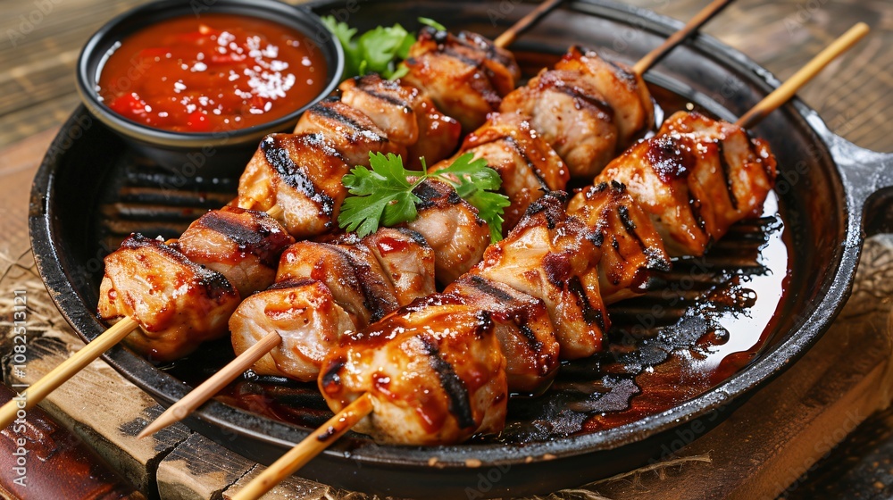 Delicious and juicy grilled meat skewers including pork chicken and beef served on a rustic wooden plate with a tantalizing dipping sauce Delicious and juicy grilled meat skewers including pork chicken and beef served on a rustic wooden plate with a tantalizing dipping sauce