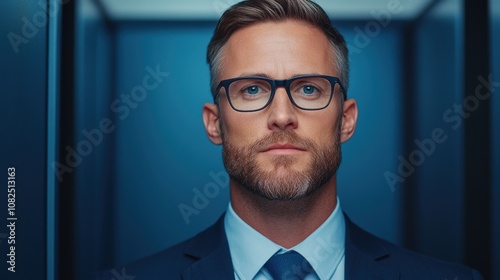 A confident man in a suit stands in a modern elevator, showcasing a serious expression and stylish appearance.