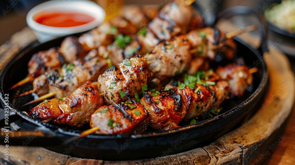 Mouthwatering char grilled meat skewers or kebabs with a savory spicy sauce served on a rustic wooden plate Sizzling hot with a caramelized flavorful exterior and juicy tender interior Mouthwatering char grilled meat skewers or kebabs with a savory spicy sauce served on a rustic wooden plate Sizzling hot with a caramelized flavorful exterior and juicy tender interior