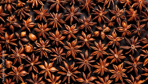 Close-Up Texture of Whole Star Anise, Capturing the Intricate Floral Shapes and Rich Brown Tones, Ideal for Culinary and Botanical Themes