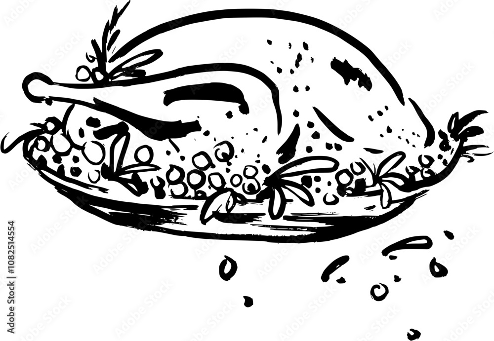 Christmas eve roast chicken.Hand drawn ink vector illustration. Christmas eve roast chicken.Hand drawn ink vector illustration.
