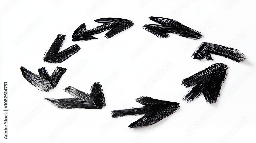 Black arrows forming a circular pattern on a white isolated background. Black arrows forming a circular pattern on a white isolated background.