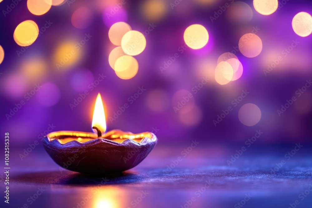 Traditional Diwali Diya Lamp with Warm Glow and Purple Bokeh Background Traditional Diwali Diya Lamp with Warm Glow and Purple Bokeh Background