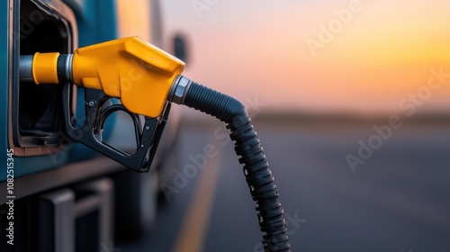 A fuel nozzle is inserted into a vehicle, with a backdrop of a sunset, highlighting the theme of refueling and travel. photo