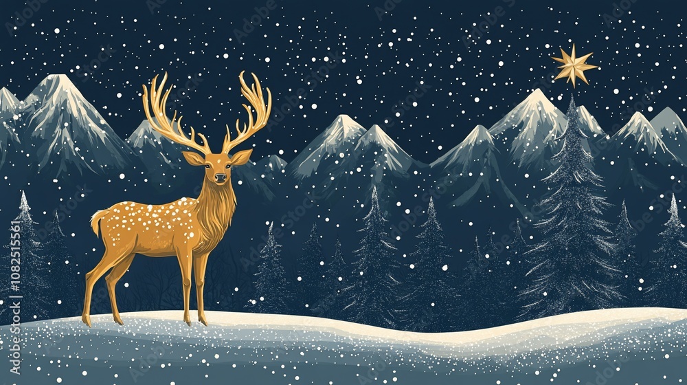 A lone deer stands in a snowy mountain landscape under a starry night sky. A lone deer stands in a snowy mountain landscape under a starry night sky.