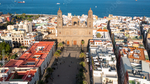 Aerial photo from drone to cityscape of Las Palmas , featuring the Cathedral of Santa Ana. Las Palmas de Gran Canaria, Canary Islands, Spain photo