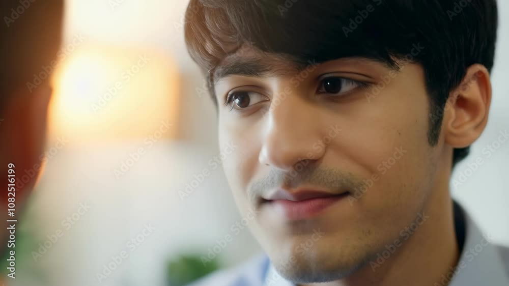 Young man's gradual smile in closeup conversation with warm lighting Young man's gradual smile in closeup conversation with warm lighting
