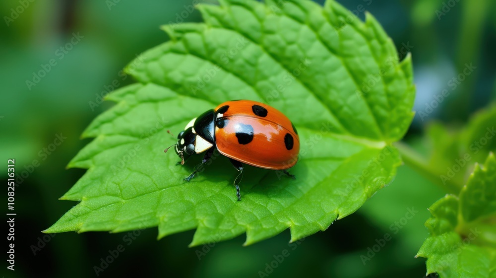 Vibrant ladybug explores a dew-kissed leaf in nature's embrace. Vibrant ladybug explores a dew-kissed leaf in nature's embrace.