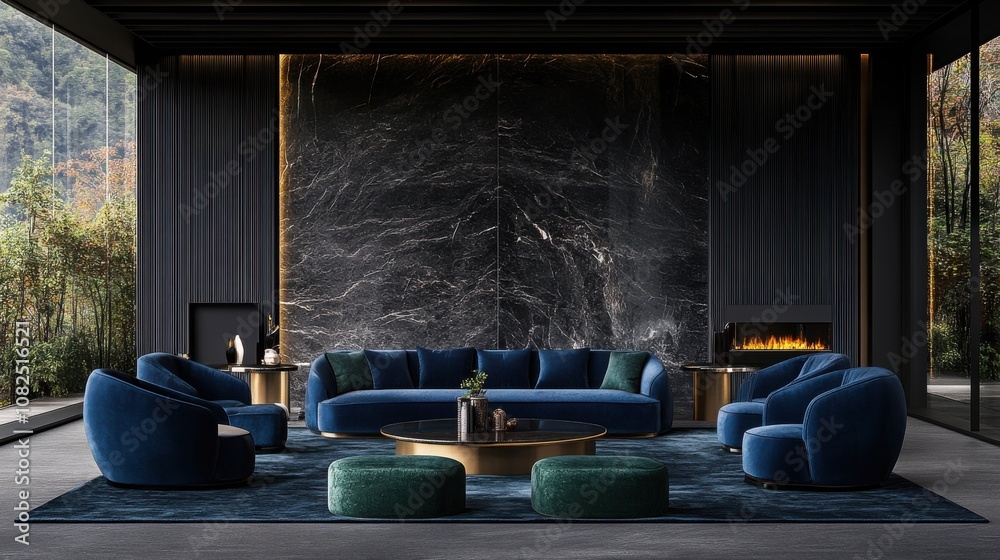 Elegant salon waiting area modern luxury interior design sophisticated environment panoramic view relaxation concept