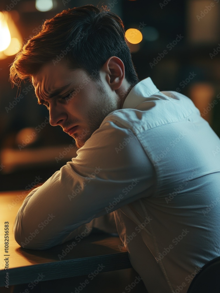 Contemplative Man in Shirt Looking Down at Table Contemplative Man in Shirt Looking Down at Table