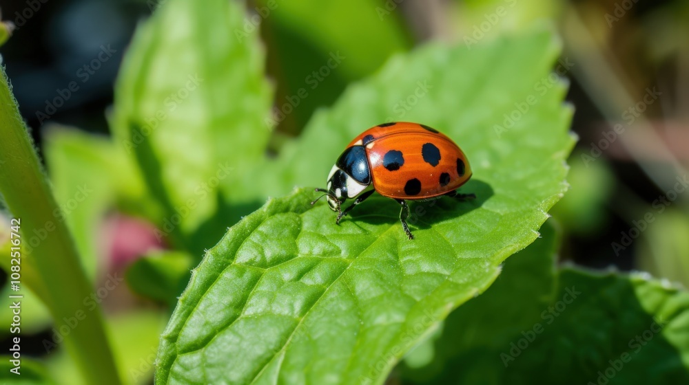 Vibrant ladybug explores a dew-kissed leaf in nature's embrace. Vibrant ladybug explores a dew-kissed leaf in nature's embrace.