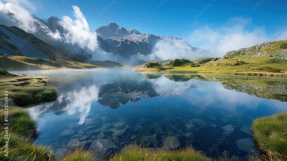 A serene mountain lake with crystal-clear water reflecting the surrounding peaks and clouds in a picturesque scene. A serene mountain lake with crystal-clear water reflecting the surrounding peaks and clouds in a picturesque scene.