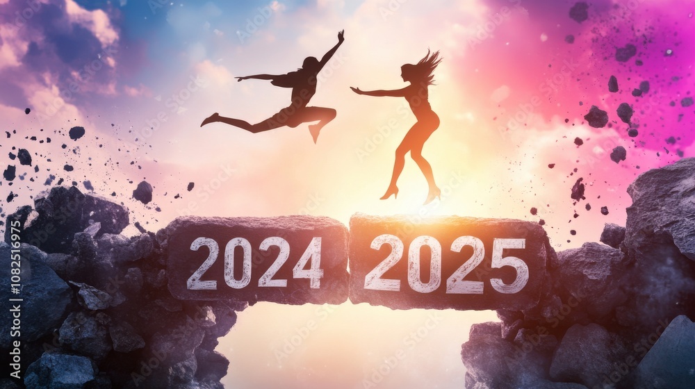 Dynamic leap into the future 2024-2025 transition celebration urban setting digital art vibrant sky inspirational viewpoint