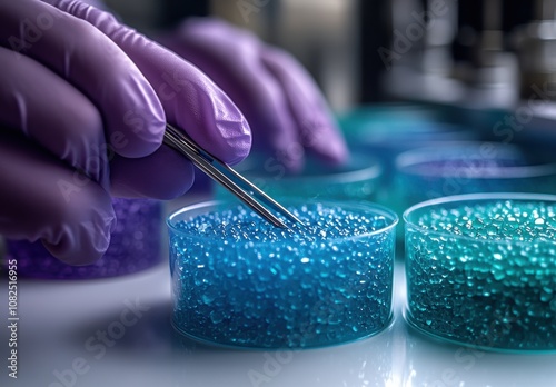 Close-up of gloved hands handling microplastic granules in laboratory photo