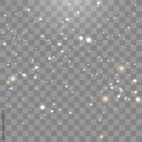 Magical light dust, dusty shine. Flying particles of light. Christmas light effect. Sparkling particles of fairy dust glow in transparent background. Vector illustration on png