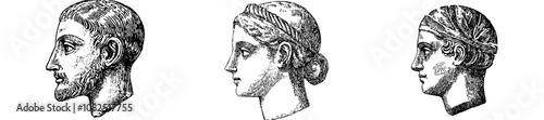 This modern illustration shows a racked statue head with engraving style of greek sculpture.