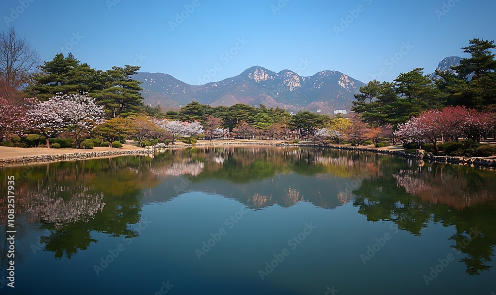 A serene landscape featuring cherry blossoms and mountains reflected in a tranquil pond. A serene landscape featuring cherry blossoms and mountains reflected in a tranquil pond.