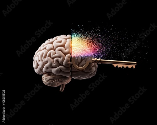 Intellectual Awakening, A brain emitting a rainbow of lights as a key opens the lock to infinite possibilities. photo