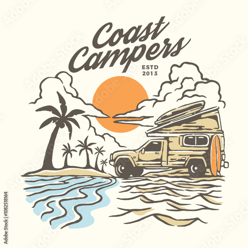 Car Campervan Life Adventure Badge Logo with Beach, Palm Trees, and Sunset Elements