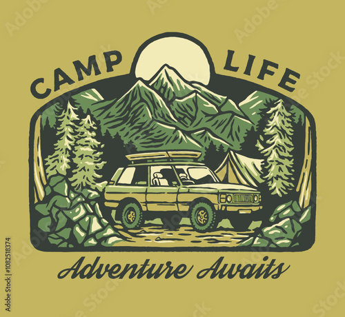 Car Campervan Adventure Badge Logo Featuring Mountain Landscape, Tent, and Forest Elements