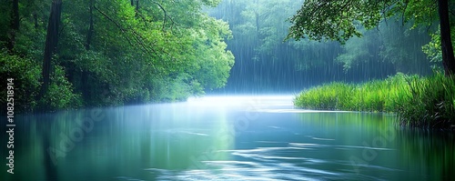 A serene river scene surrounded by lush greenery and soft mist.