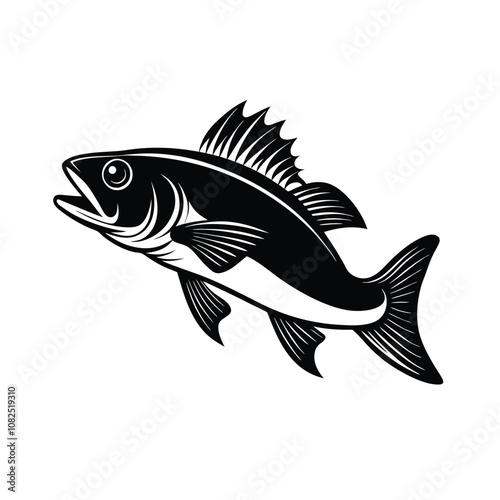 sea bass fish design, labeled linocut vector silhouette illustration.