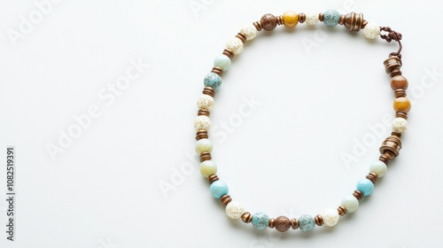 A colorful beaded necklace featuring various materials and textures.