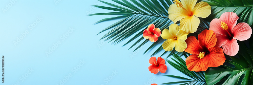 Obraz premium Hibiscus Flowers and Palm Leaves on Blue Background