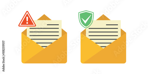 Two envelope icons with document inserts, one marked with a warning and the other with a checkmark.