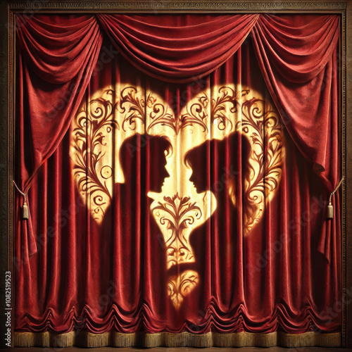 romantic theater concept with shadow of couple in shape of heart and classical red curtain 