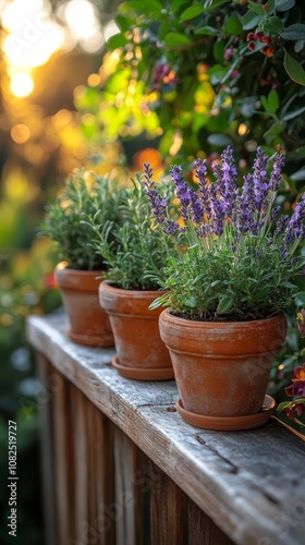 Rustic pots with lavender at sunset.