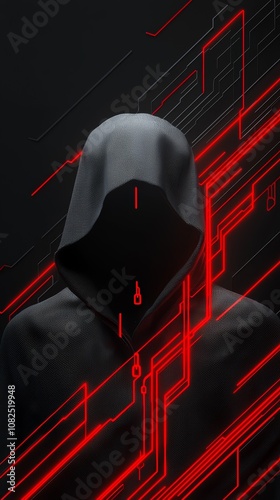 Virtual Protection Zone, A dynamic network of shields and locks connected to a hooded figure, visualizing an active defense system. photo