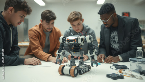 Engaged high school students collaborating on robotics project, showcasing teamwork and innovation. robot stands at center, highlighting creativity and technology