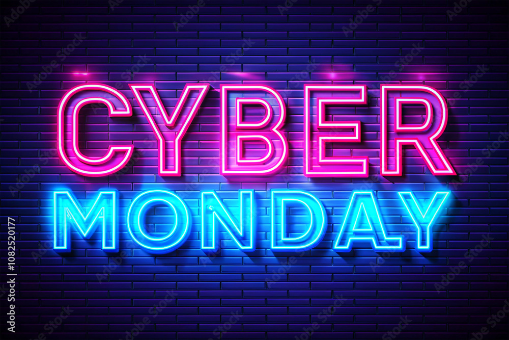 Obraz premium Neon text Cyber Monday Banner, Glowing neon Text and Title of Cyber Monday