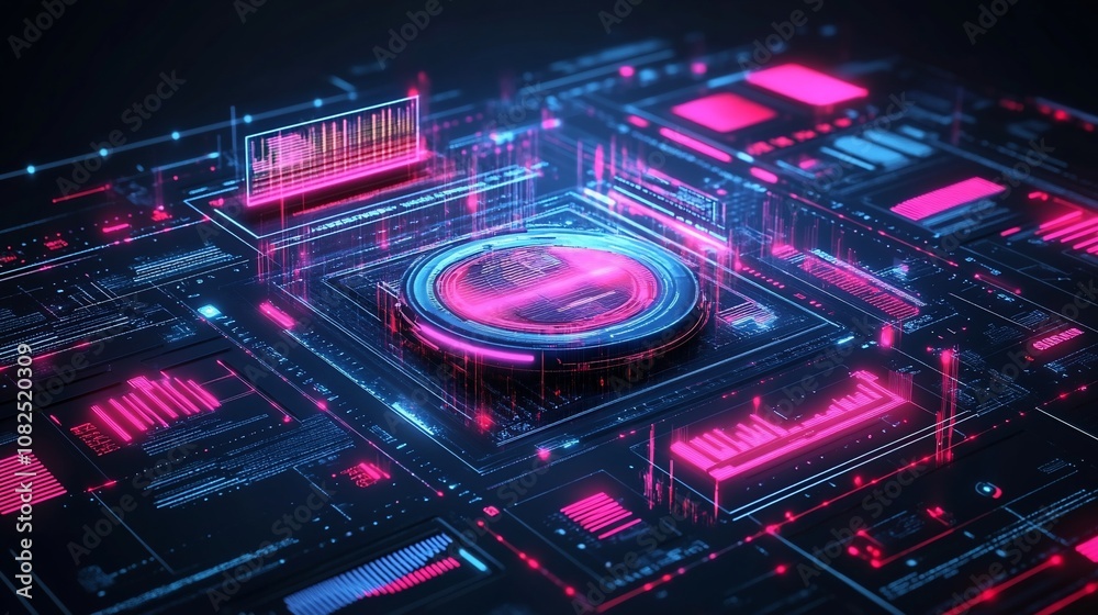 Fototapeta premium Futuristic digital technology interface with glowing lights and circuit board design.