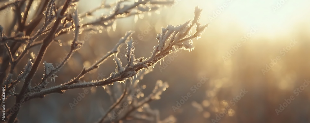 Obraz premium Frost-covered branches glisten in the warm glow of sunlight during a cold morning.