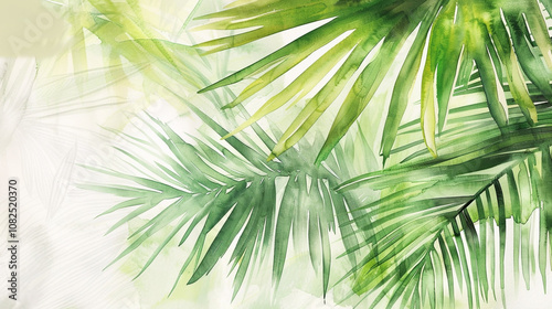 Green tropical palm leaves watercolor for light clean natural card background