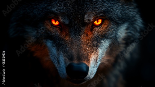 A close-up portrait of a wolf with glowing red eyes, staring intensely at the camera.