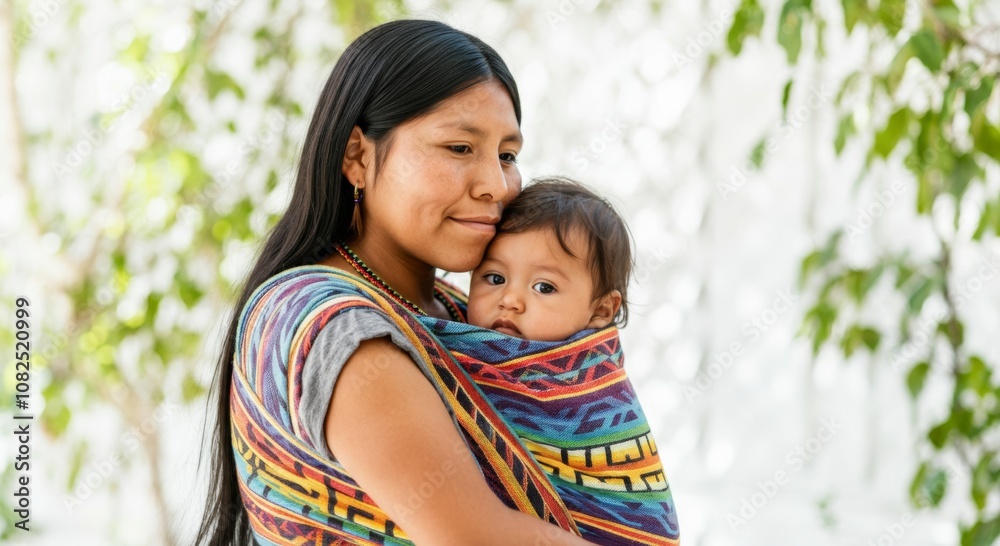 An indigenous woman holding a child in a hand-woven carrier amidst greenery background An indigenous woman holding a child in a hand-woven carrier amidst greenery background
