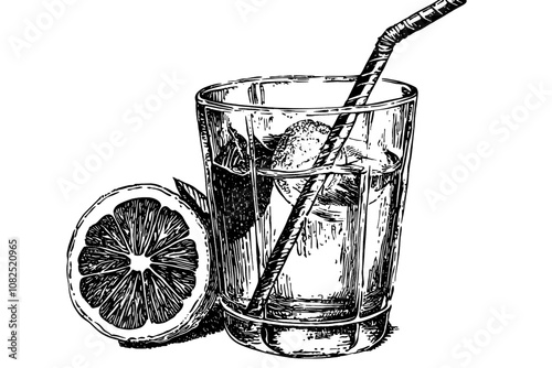 Hand drawn engraving style modern illustration of water with lemon.