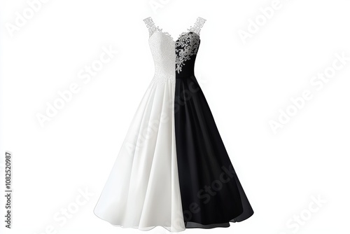 Elegant dual-tone dress featuring a lace bodice, flowing skirt, perfect for formal events, weddings, or parties.