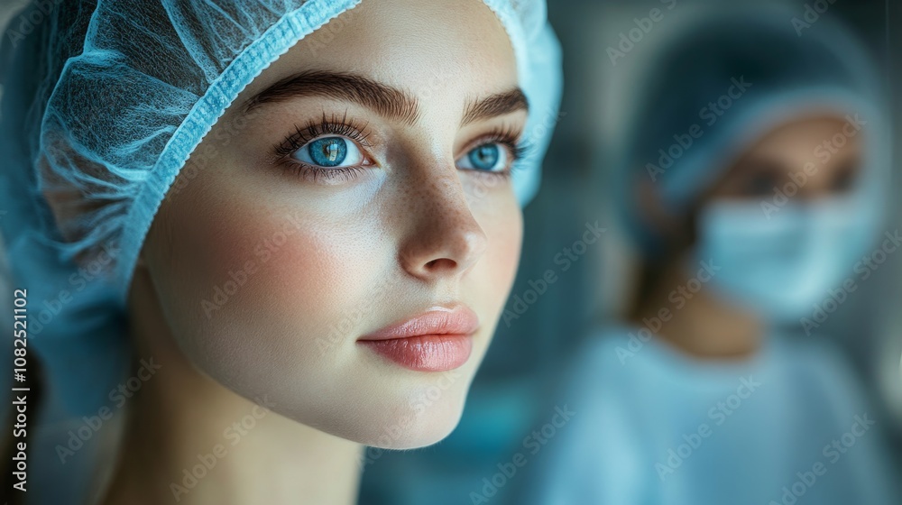 Woman admiring her enhanced facial profile in a cosmetic clinic during an aesthetic consultation Woman admiring her enhanced facial profile in a cosmetic clinic during an aesthetic consultation